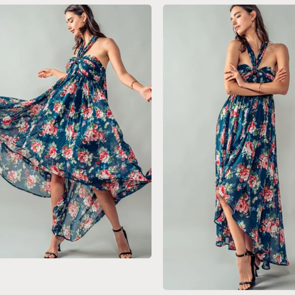Rosy Pasture Halter Tie Teal Dress